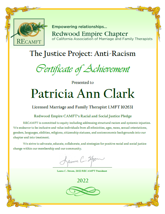 Ann Clark's actual Justice Project Certificate of Achievement.