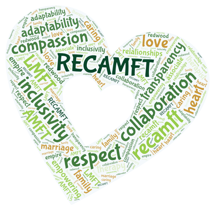 Heart with RECAMFT"s vision words: Adaptability, Compassion, Inclusivity, Collaboration, Respect 