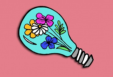 Drawn blue lightbulb with flowers inside on a pink background.